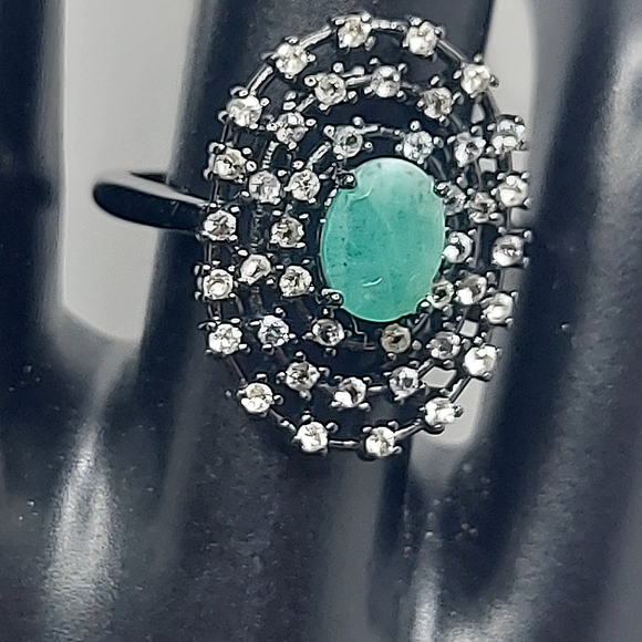 Natural Green Emerald 7x5mm White Topaz 925 Sterling Silver Ring Size 6.… - Picture 5 of 7